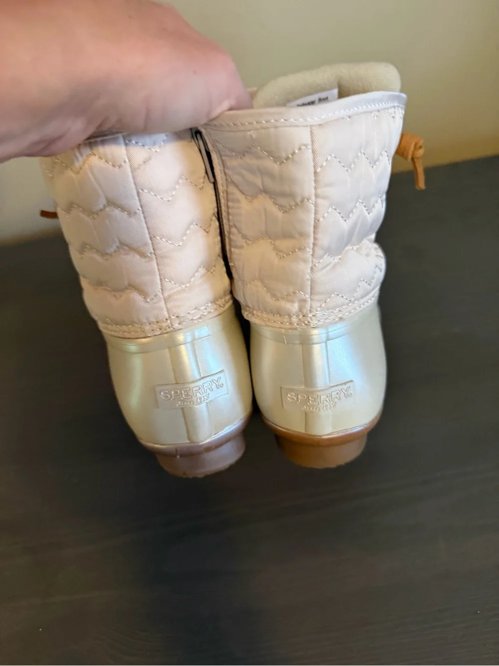 Sperry Cream Quilted Duck Boots with Tan Laces